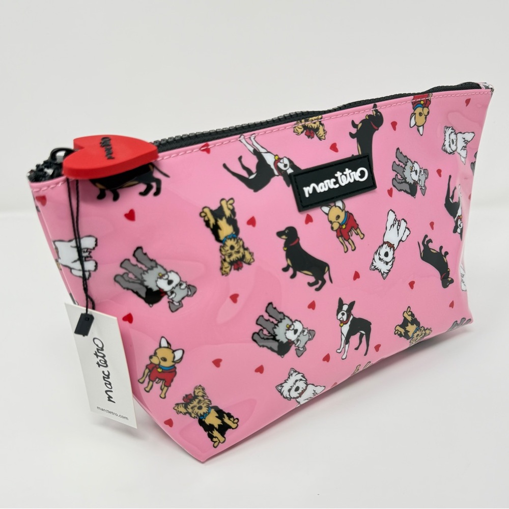 Marc Tetro Pink Hearts Multi-Dog Print Makeup Cosmetic Zippered Travel Case NEW!